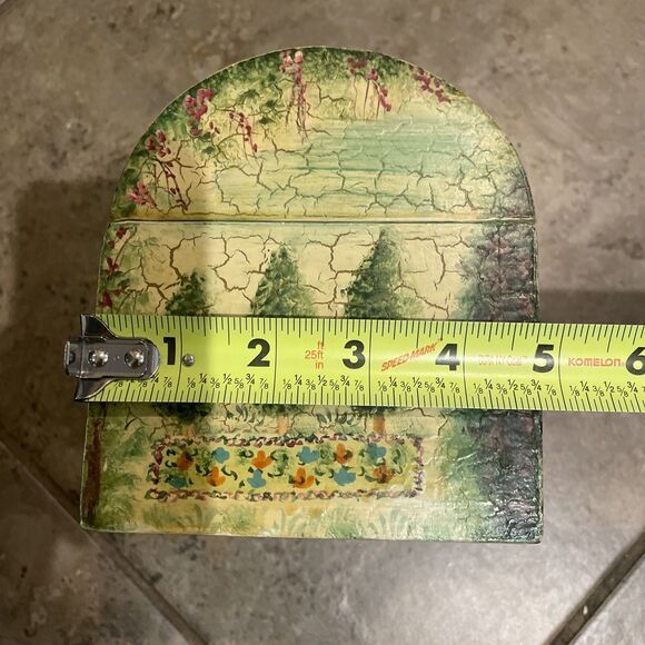 Vintage Painted Wooden Hinged Box Yellow Floral Garden Scene Crackled 6.5x5x5.5 - Picture 11 of 12